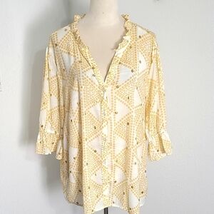 Alex & Parker Gold & White Dotted Buttondown Blouse, Ruffled Neckline, Size 2X